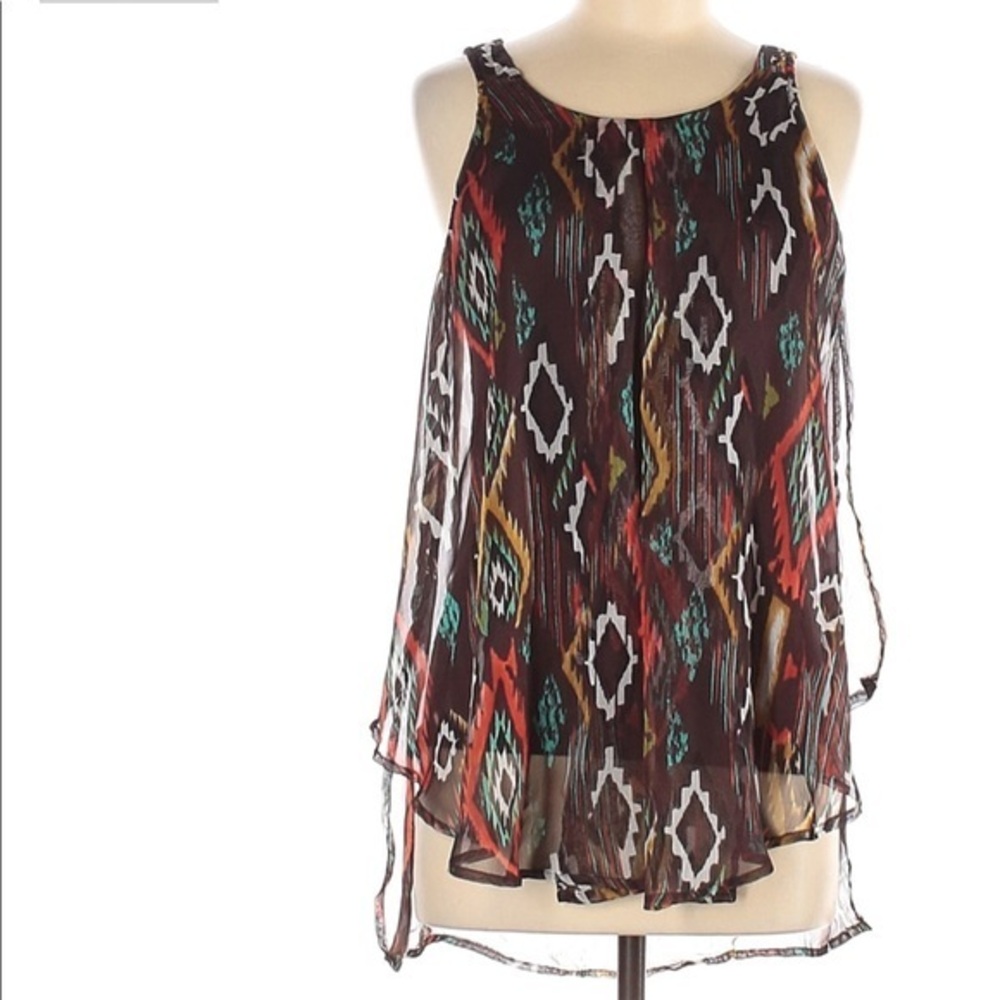 New Directions M blouse brown & orange BOHO Chiffon over solid tank sleeveless